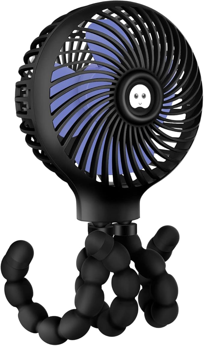 TRELC Mini Stroller Fan, 19H Ultra-long Battery Life, Personal Handheld Clip on Portable Rechargeable Fan with Flexible Tripod, Gift for Children Baby Office Room Car Travel BBQ Gym (Black)