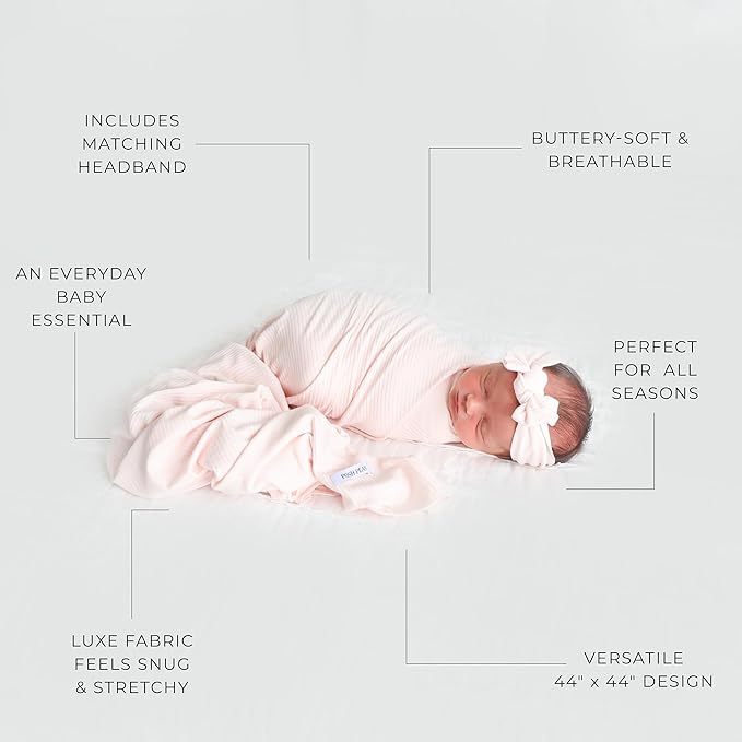 Posh Peanut Swaddle Blanket & Headband Set – Viscose from Bamboo Stretchy Baby Swaddle for Newborn Girls, Receiving Blanket or Nursing Cover (Sandy Blush)