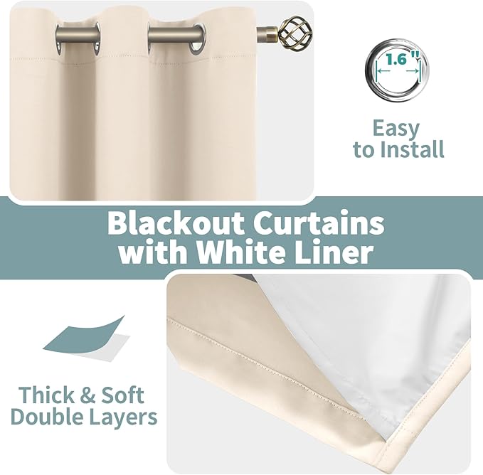 BGment Champagne Blackout Curtains for Bedroom 63 Inch Length, Thermal Insulated Window Curtains Soundproof Room Darkening Curtain Drapes for Living Room, Each Grommet Curtains 42 Inch Wide, 2 Panels