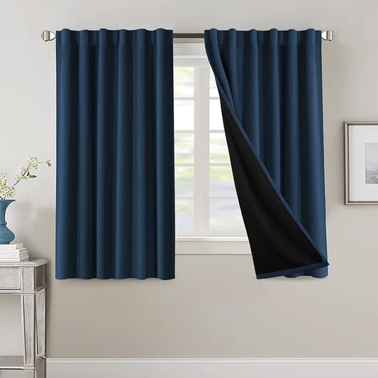 H.VERSAILTEX 100% Blackout Curtains for Bedroom with Black Liner Full Room Darkening Curtains 54 Inches Long Thermal Insulated Back Tab/Rod Pocket Window Drapes for Living Room, 2 Panels, Navy