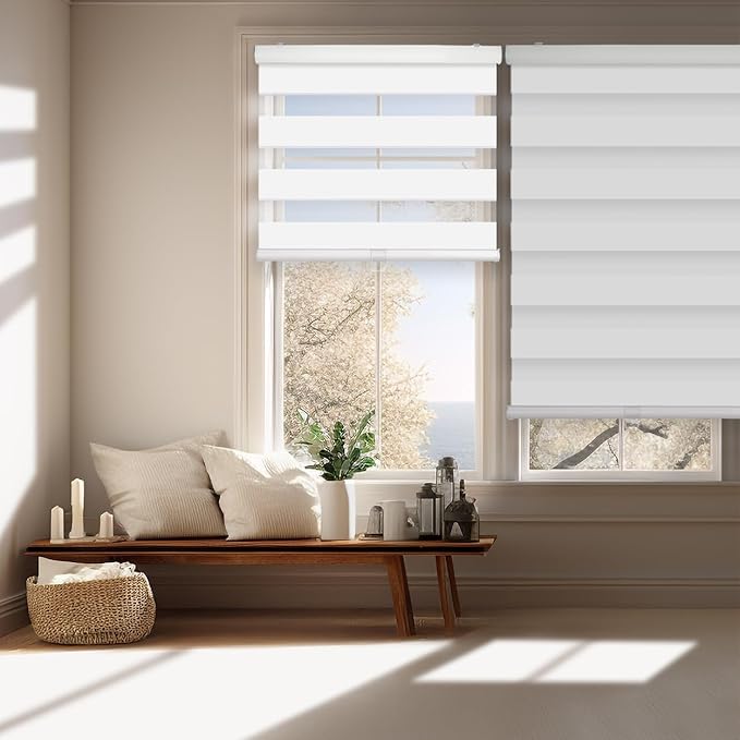 FOIRESOFT Standard Cordless Blackout Zebra Roller Shades and Blinds for Windows [Bonita, Pure White, W 35 x H 64 inch] Dual Layer Sheer Room Darkening, Select 1x1 for Custom