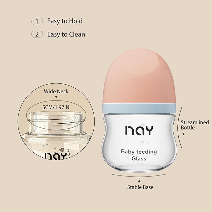 yanyoyo Natural Glass Baby Bottle Wide Neck, Newborn Anti-Colic Baby Bottle, Clear, 3oz(Pack of 4), Includes 4Pcs Slow Flow Nipple(SS), 0 Months+
