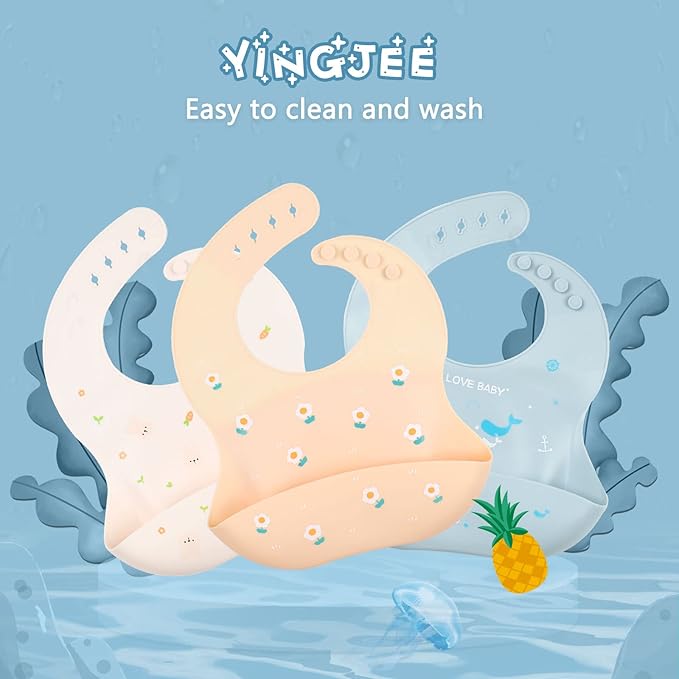 YINGJEE Baby Silicone Feeding Bibs, 3pcs Adjustable Waterproof Bibs for Feeding