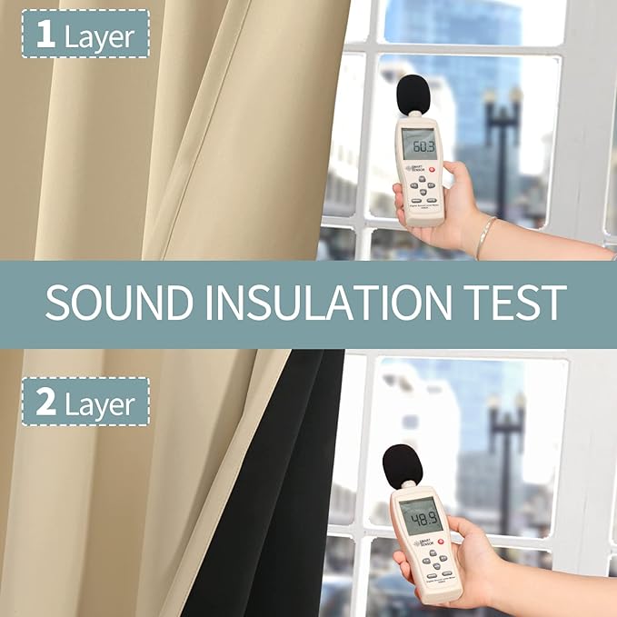 BGment Thermal Insulated 100% Blackout Curtains for Bedroom with Black Liner, Double Layer Full Room Darkening Noise Reducing Grommet Curtain (52 x 63 Inch, Natural, 2 Panels)