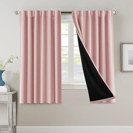 H.VERSAILTEX 100% Blackout Curtains for Bedroom with Black Liner Full Room Darkening Curtains 63 Inch Long Thermal Insulated Back Tab/Rod Pocket Window Drapes for Living Room, 2 Panels, Baby Pink