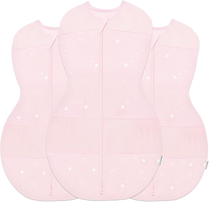 Happiest Baby Sleepea 5-Second Swaddle - 100% Organic Cotton Baby Swaddle Blanket - Doctor Designed Promotes Healthy Hip Development - 3-Pack Newborn Bundle (Rose Stars, 2 x Small, 1 x Medium)