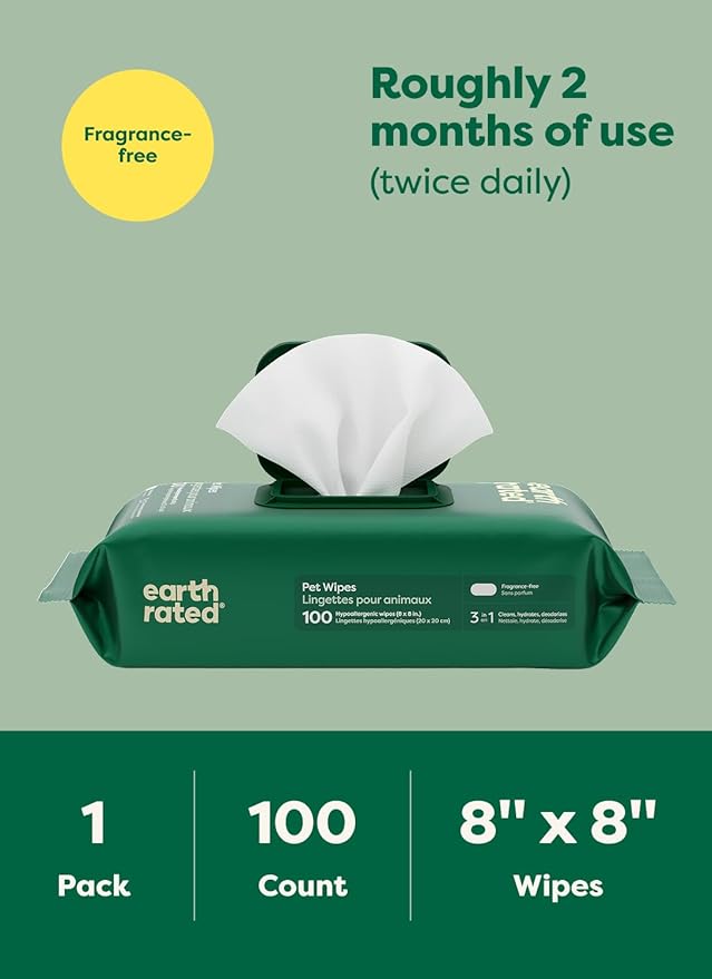 Earth Rated Pet Wipes for Dogs and Cats, Hypoallergenic, Cleaning and Hydrating, for Grooming Paws, Body and Butt, Unscented, 100 Count