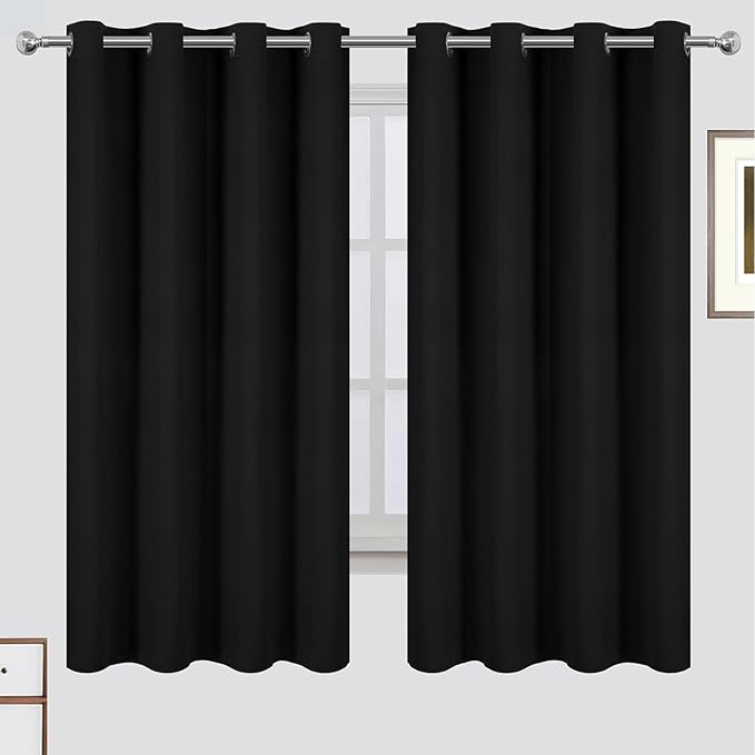 LEMOMO 100% Blackout Curtains 52 x 63 Inch Black Curtains 2 Panels Darkening Thermal Insulated Bedroom Curtains