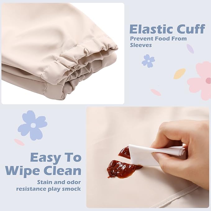 JaGely 4 Pack Long Sleeve Bibs Baby Smock Waterproof Sleeved Bids with Food Catcher for Baby Eating Feeding Ages 6-36 Months