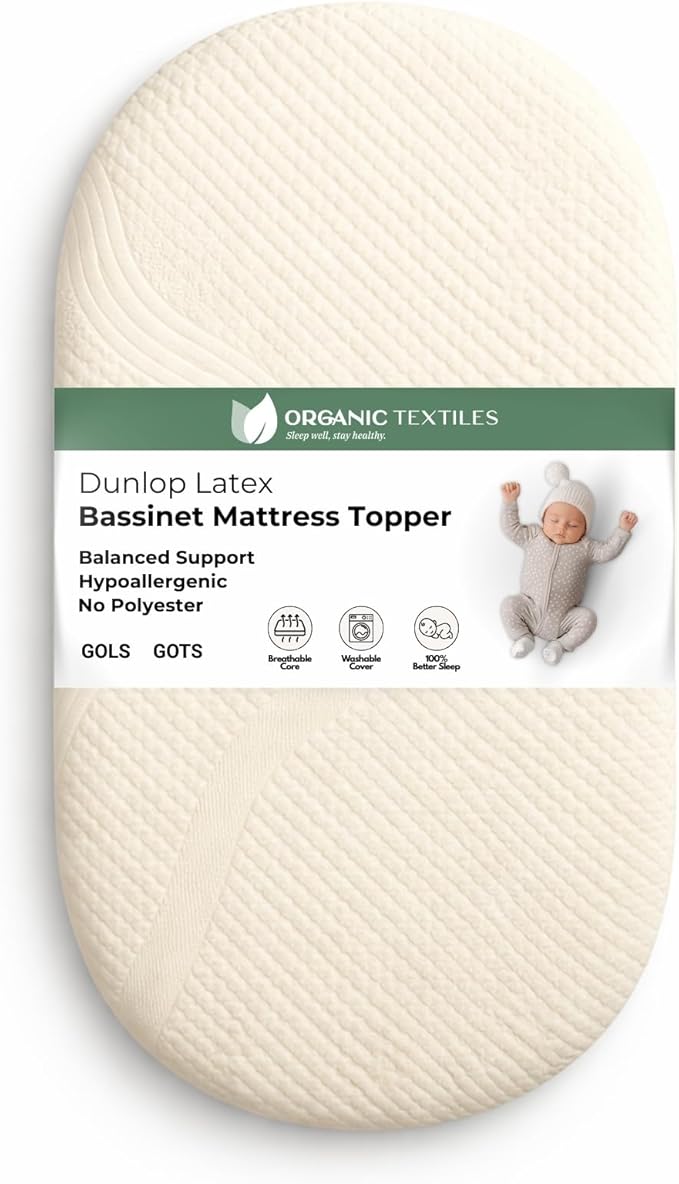 ORGANIC TEXTILES Organic Baby Mattress Topper with Water Resistant Removable Cotton Cover - GOLS/GOTS Certified - Breathable - 2" Basinet (30"x15")