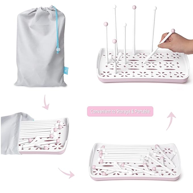Termichy Baby Bottle Drying Rack, Large Capacity Baby Bottle Rack for Bottles, Dry Rack with Removable Water Tray(Pink)