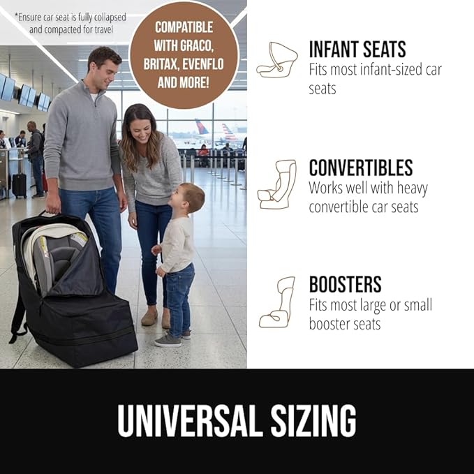 GORILLA GRIP Tear and Water Resistant Padded Car Seat Travel Bag for Airplane and Airport, Universal Fit Baby Carseat Bags, Handle & Shoulder Straps, Air Gate Check Toddler Stroller Carrier, Black