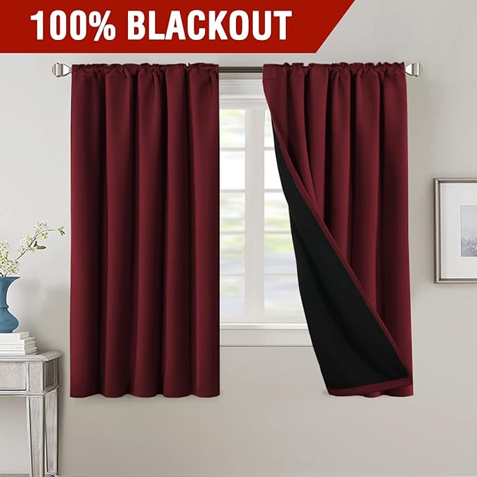 H.VERSAILTEX 100% Blackout Curtains for Bedroom with Black Liner Full Room Darkening Curtains 63 Inches Long Thermal Back Tab/Rod Pocket Window Treatment Drapes for Living Room, 2 Panels, Burgundy