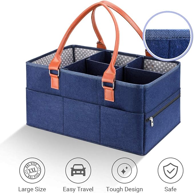 Marhynchus Large Portable Nappy Storage Basket with Detachable Divider, Felt Fabric Baby Diaper Caddy, Navy, for Nursery and Travel