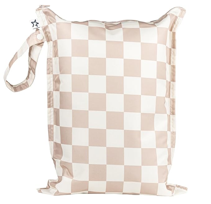 Tiny Twinkle Mess Proof Wet Bags | 1-Pack Reusable Waterproof Wet Bags for Swimsuits | Baby Clothes | Travel & Diaper Bag (Beige Checkers)