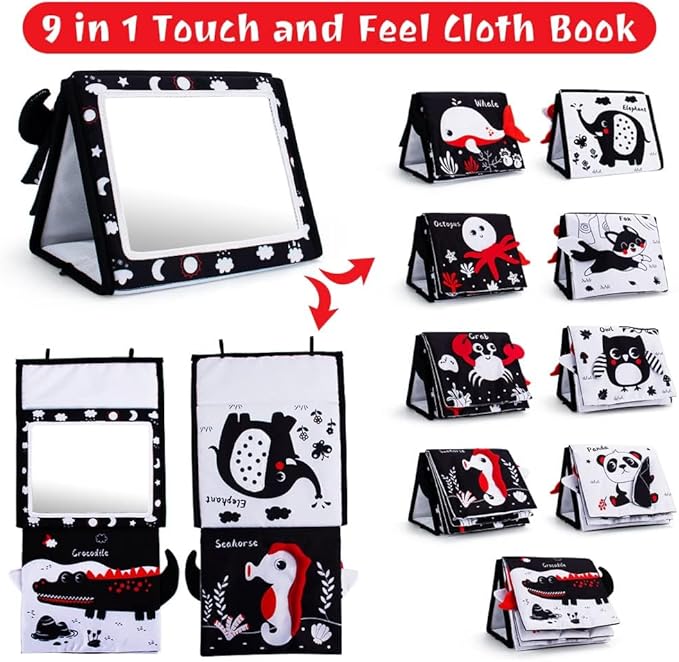 Oarifun Tummy Time Mirror, Baby Tummy Time Toys with Soft Book, Black and White High Contrast Baby Toys, 3D Activity Sensory Montessori Toys Crawling Mat