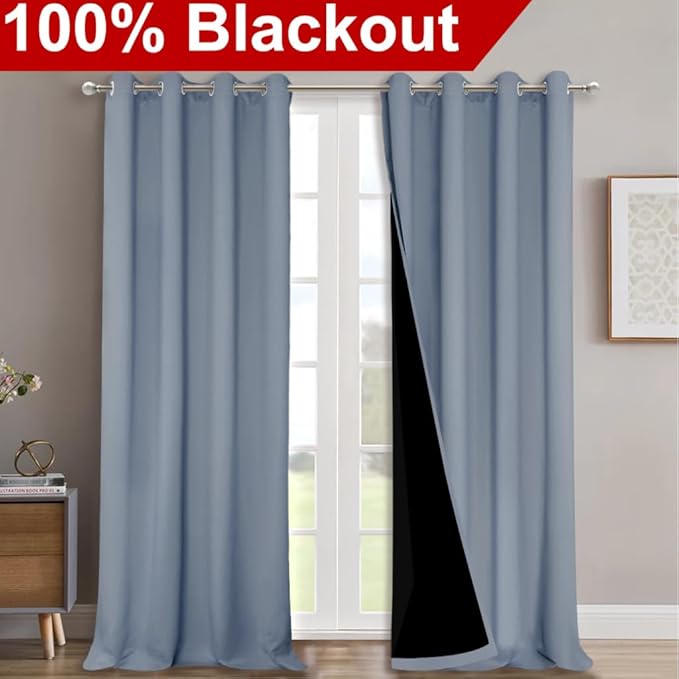 NICETOWN 100% Blackout Blinds, Set of 2, 46" x 102", Vintage Blue, Laundry Room Decor Window Treatment Curtains for Large Patio Sliding Door, Thermal Insulated Curtains for Bedroom