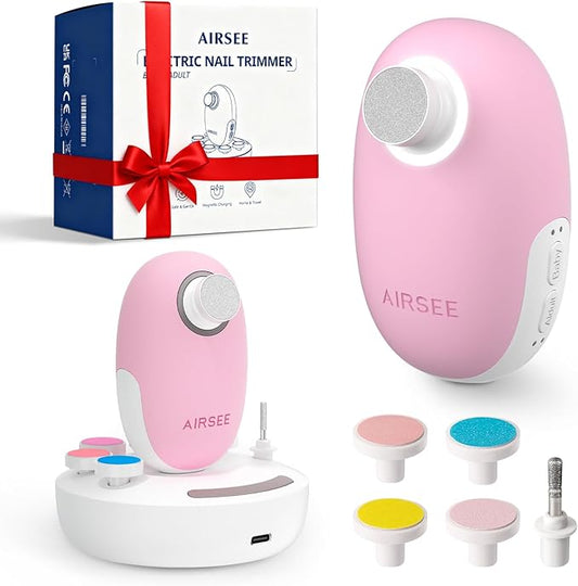 AIRSEE Premium Newborn Gift, Electric Baby Nail File, Cordless Safe Infant Nail Trimmer with 6 Replacement Pads, Magnetic Rechargeable Base, 360° LED Light, Baby Grooming Kit Gift (Candy Pink)