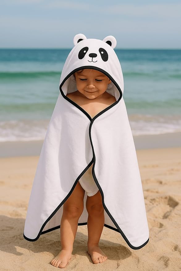BAGNO MILANO Kids Organic Turkish Cotton Hooded Beach Cover-Up Towel, GOTS Certified, for Boys and Girls (Panda White, 24"x48"+8"/Hooded Towel)