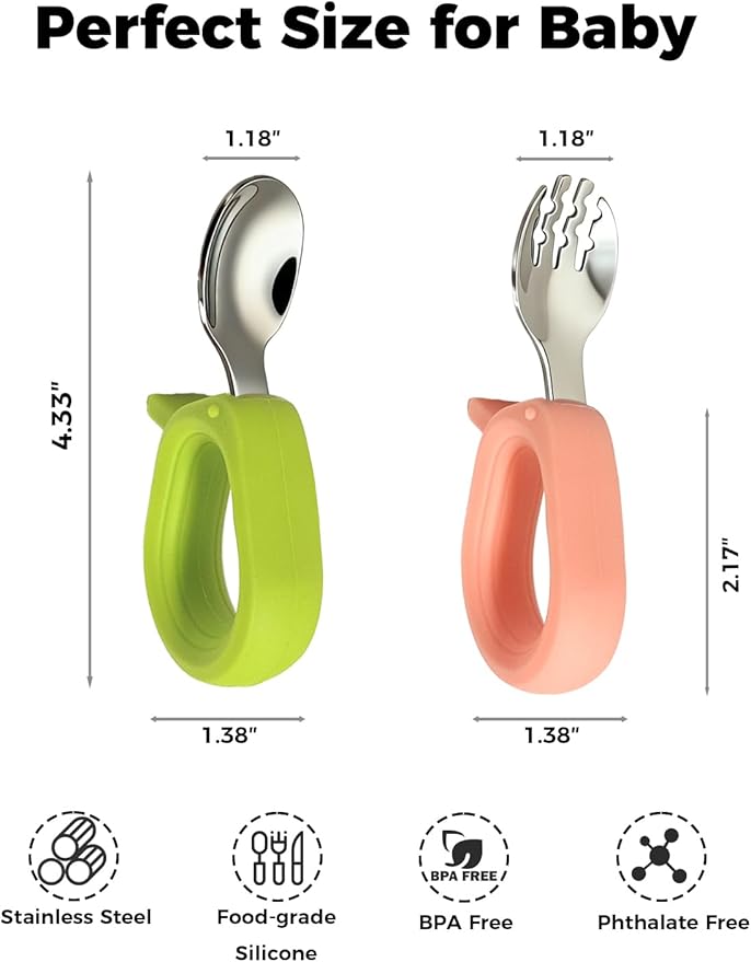 Toddler Utensils, Stainless Steel Baby Forks and Spoons Set with Silicone Handle, Kids Silverware with Portable Storage Case, Baby Feeding Essentials, Dishwasher Safe (Green+Pink)