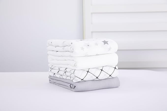 Muslin Swaddle Blankets for Baby Boys and Girls, 4-Pack Breathable and Skin-Friendly Receiving Blanket Wrap, Baby Essentials, Registry & Gift, 47 x 47 inches (Monochrome Doodles)