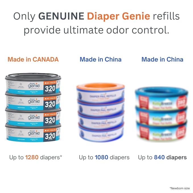 Diaper Genie Essentials Round Refill Pack of 4 | Holds Up to 1280 Newborn Diapers | Features Unscented Continuous Film | Compatible with Diaper Genie Complete and Expressions Pails