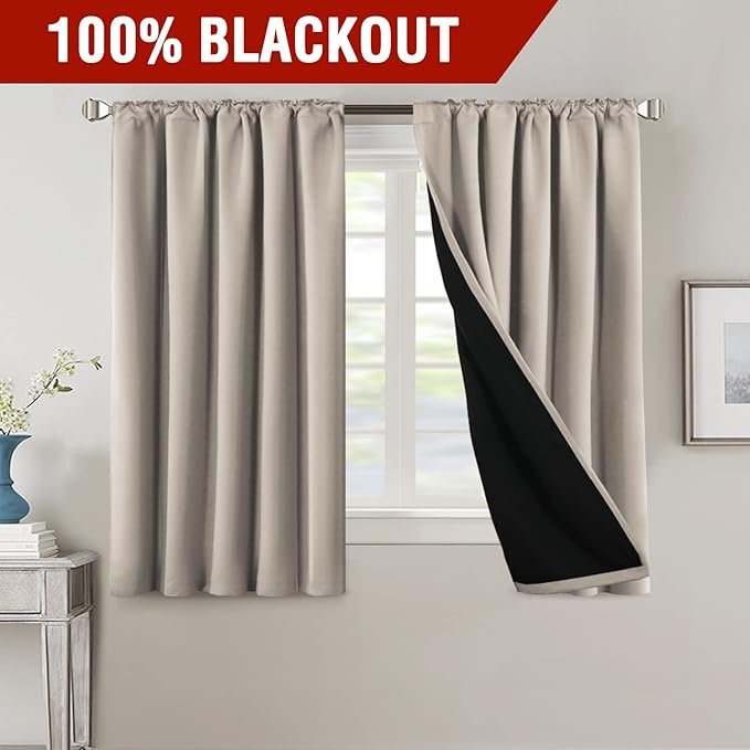 H.VERSAILTEX 100% Blackout Curtains for Bedroom with Black Liner Full Room Darkening Curtains 54 Inch Long Thermal Insulated Back Tab/Rod Pocket Window Drapes for Living Room, 2 Panels, Natural Sand