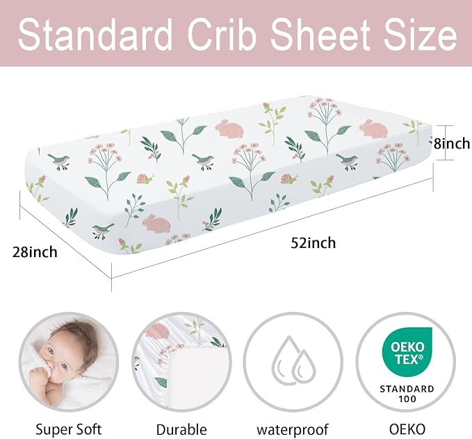 Little Grape Land Waterproof Crib Sheets for Boys Girls, Soft and Breathable Waterproof Baby Crib Sheets 52"x28", Crib Mattress Sheets Neutral for Standard Crib and Toddler Bed Mattress (Bunny)