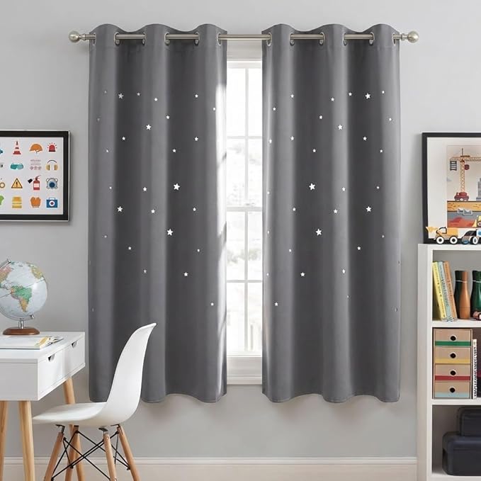 NICETOWN Blackout Star Curtains for Kids - Hollow Out Star Shaped Room Darkening Window Drapes for Space Themed/Nursery/Boys Adult Room Decor (2 Panels, 42 inches Wide x 63 inches Long, Grey)