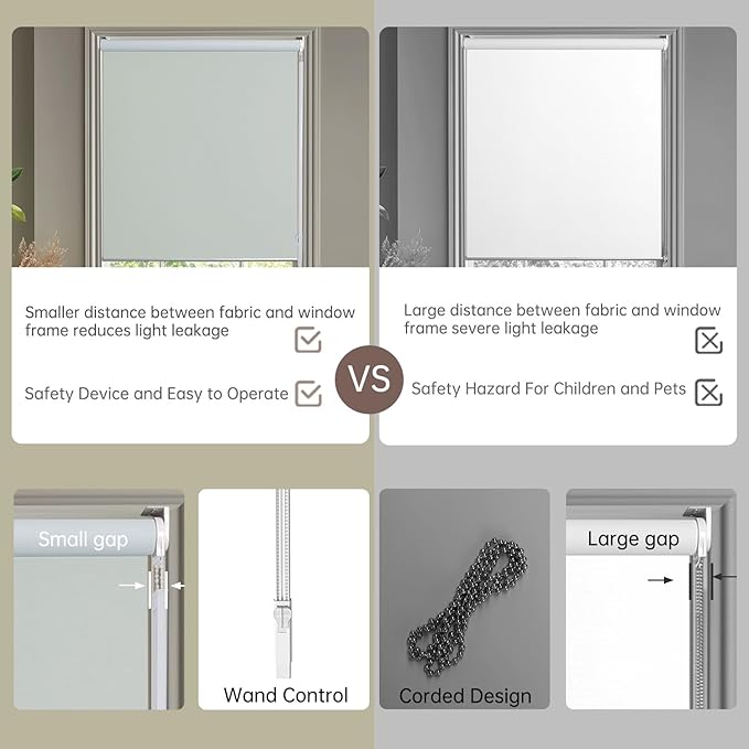 Allbright 100% Blackout Cordless Roller Shades for Windows, Thermal Insulated UV Protection, Window Roller Blinds for Home, Office, Bedroom, Door, 50" W x 72" H, Grey