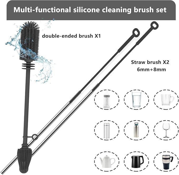 Silicone Bottle Brush and Straw Cleaner Set,Water Bottle Brush Double-Headed,Straw Brush Silicone,Bottle Cleaner Brush for Thermoses and Sports/Water Bottles/Dish/Cup (Black-Grey)