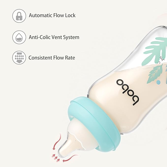 YOHKOH Natural Glass Baby Bottle with Level 1 Slow Flow Nipple, Newborn Anti-Colic Baby Bottles, Wide Neck Mushroom Baby Glass Bottle ((5.4oz (Pack of 4), Blue-A)