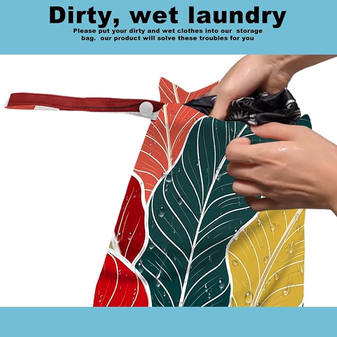 2Pcs Palm Leaves Wet Bag 12x10 Inch, Green Summer Waterproof Travel Laundry Bags, Washable Reusable Wet Dry Bag for Swimsuit Beach Diapers Dirty Yoga Gym Clothes, Plant Gifts for Women Friend
