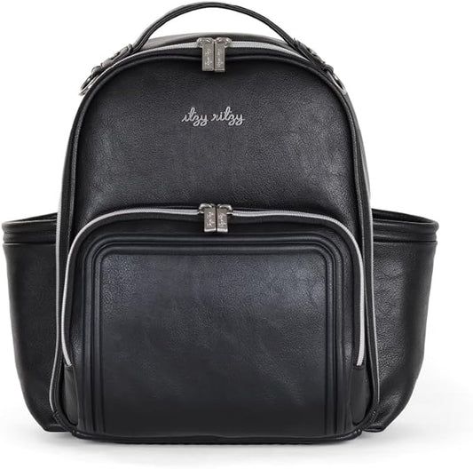 Itzy Ritzy Mini Diaper Bag Backpack – Chic, Compact Mini Plus Backpack with Changing Pad, 10 Pockets (6 Internal, 4 External), Grab-Top Handle & Rubber Feet (Black w/Silver Hardware)