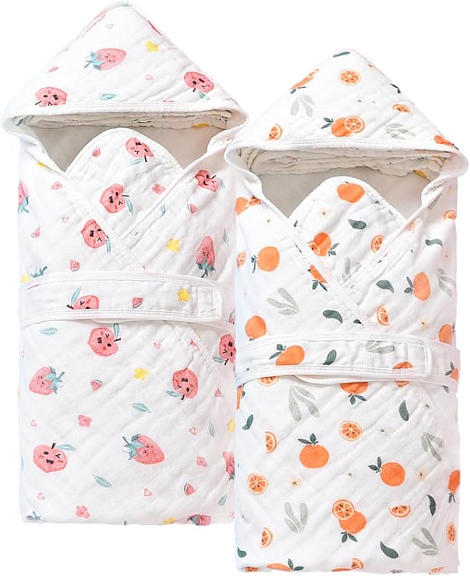 2 Pack Hooded Baby Bath Towels,Large 32"x 32",Cotton Baby Bath Towel with Hood for Infant Toddler and Kids, Soft and Absorbent,Unisex Baby Bath Essentials. (Strawberries/Oranges)