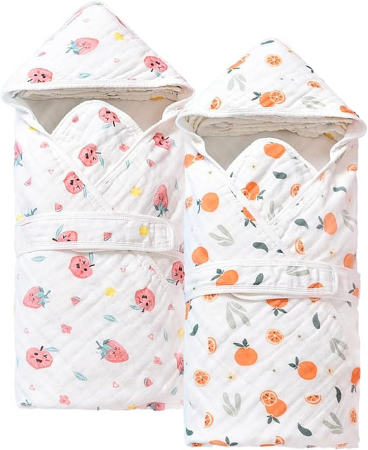 2 Pack Hooded Baby Bath Towels,Large 32"x 32",Cotton Baby Bath Towel with Hood for Infant Toddler and Kids, Soft and Absorbent,Unisex Baby Bath Essentials. (Strawberries/Oranges)