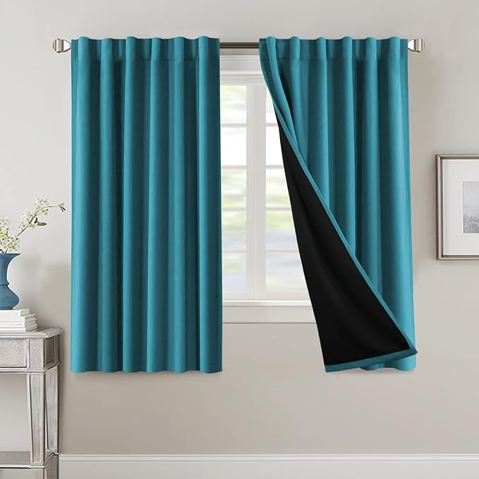 H.VERSAILTEX 100% Blackout Curtains for Bedroom with Black Liner Full Room Darkening Curtain 63 Inch Long Thermal Insulated Back Tab/Rod Pocket Window Drapes for Living Room, 2 Panels, Turquoise Blue
