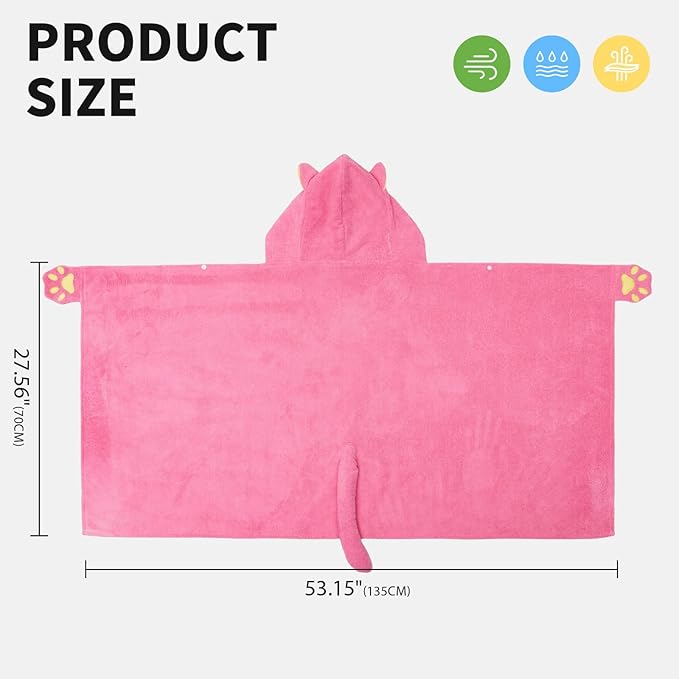 OLAOLA Cat Hooded Towel for Kids 3-12 Years, 28" x 53" Soft Thick Absorbent Beach Towels, Toddler Bath Towel Wrap, Swim Pool Towels Poncho for Boys Girls