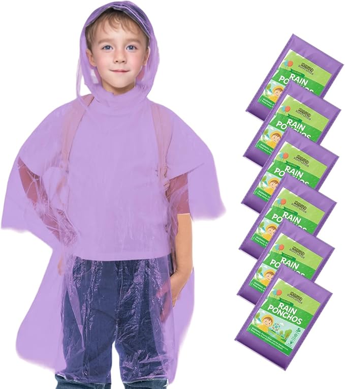 Hitituto Rain Ponchos Family Pack Kids– 6/12/24 Pack Disposable Poncho with Hood, Clear & Assorted Colors, Home Survival Kits