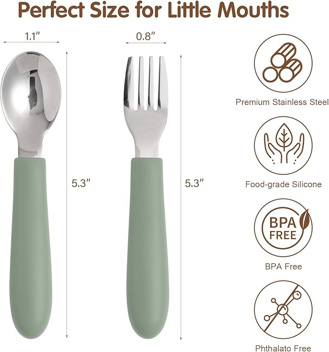 Eascrozn Toddler Utensils, Kids Silverware with Silicone Handle, Spoons and Forks Set, 18/8 Stainless Steel Children Safe Feeding Supplies, 6 Pack, Dishwasher Safe