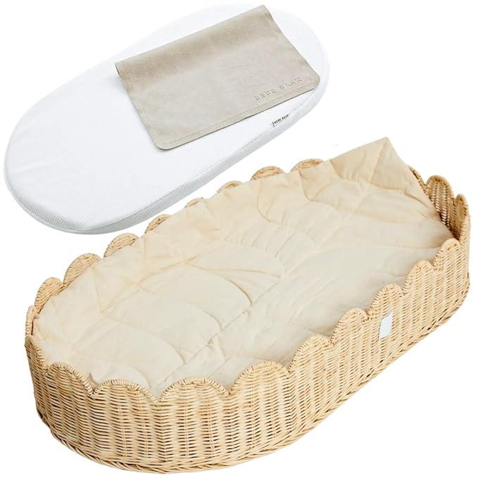 Bebe Bask Premium Baby Changing Basket - Artisan-Crafted Scalloped Rattan - Changing Basket for Baby Dresser - All Accessories Included - Complete Set for Nursery (Natural) | Premium, Artisan-Crafted, Changing Basket, Baby Dresser, Complete Set