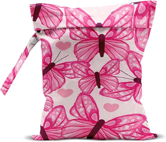 Butterfly Wet Bags 12x10 Inch, Pink Heart Waterproof Wet Dry Bags, Reusable Washable Travel Laundry Bag for Swimsuit Beach Diapers Dirty Yoga Gym Clothes, Butterfly Gifts for Women Friend Travelers