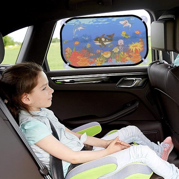 MOVINPE Car Sun Shade for Baby Kids 2 Pack Static Cling Side Window Car 80GSM Rear Sunshades Universal with 8 Suction Cups and Storage Bag - Sun Glare and UV Rays Protection (Undersea Animals)