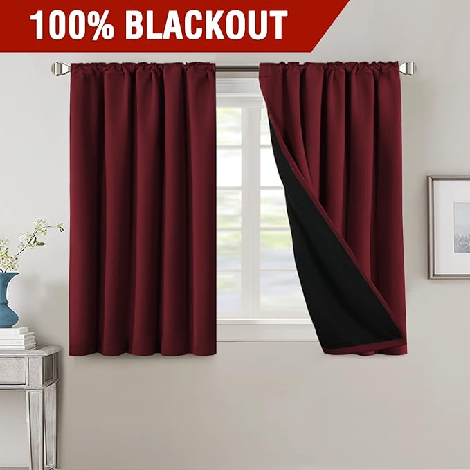 H.VERSAILTEX 100% Blackout Curtains for Bedroom with Black Liner Full Room Darkening Curtains 45 Inches Long Thermal Insulated Back Tab/Rod Pocket Window Drapes for Living Room, 2 Panels, Burgundy