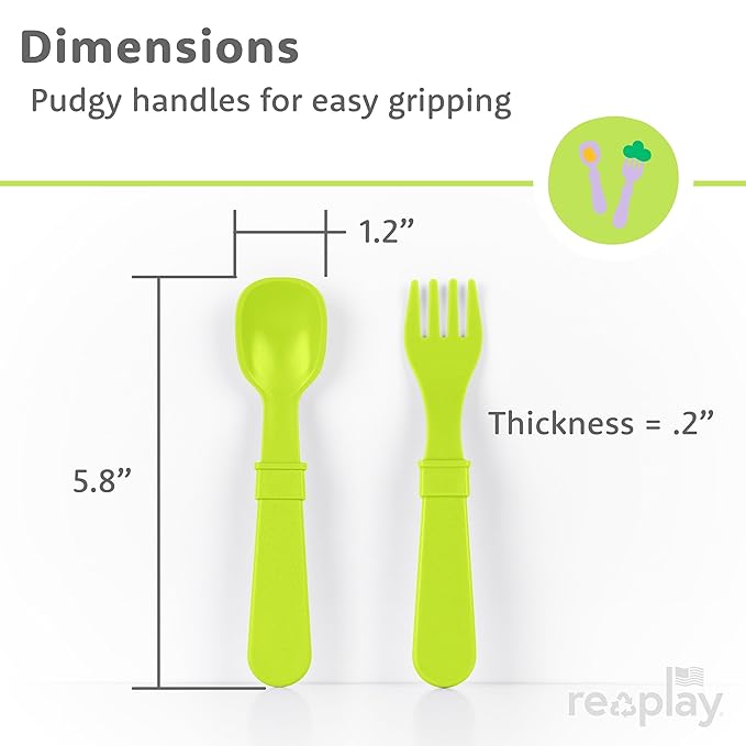 RE-PLAY Made in USA 8pk Toddler Feeding Utensils Spoon and Fork Set | Eco Friendly Recycled Milk Jugs - Virtually Indestructible | Red, Yellow, Lime Green, Sky Blue (Preschool)