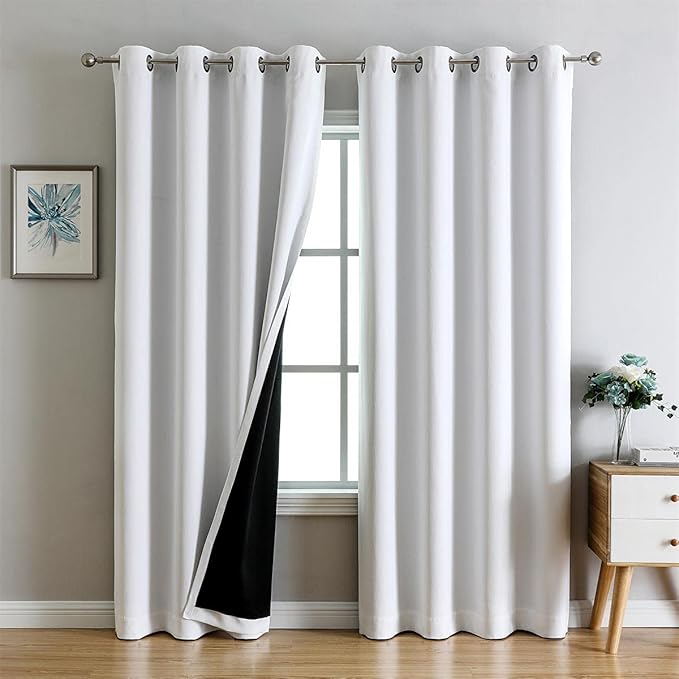 G2000 100% Blackout Curtains for Bedroom Living Room 95 Inches Long White Room Darkening Window Grommet Thermal Lined Insulated Light Blocking Noise Reducing 2 Panels Set