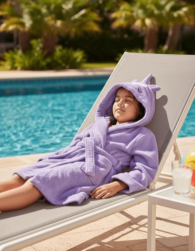 BAGNO MILANO Kids Organic Turkish Cotton Hooded Beach Cover-Up Towel, GOTS Certified, for Boys and Girls (Unicorn Purple, 3-4 Years)