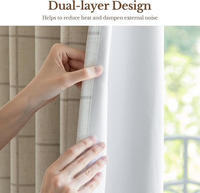 Pinch Pleated Plaid Curtains Blackout Linen Gingham Curtains for Living Room,Bedroom Checkered 84 Inches Long Double Layer 2 Panels Set Luxury and Modern Printed Design Darkening