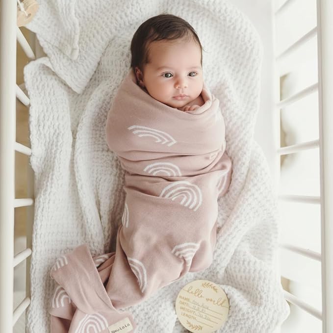 Knit Baby Swaddle Blanket for Girls - 100% Cotton Buttery Soft Cozy Receiving Swaddle Stroller Blanket for Shower Gift Registry for Newborns, Infants, Toddlers (Rainbow - Pink)