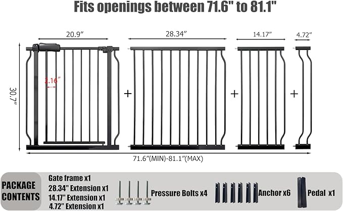 Heavy Duty Baby & Pet Safety Gate - Extra Wide 76.4-81.1 Inch, Black Metal, Pressure Mounted, Walk-Through